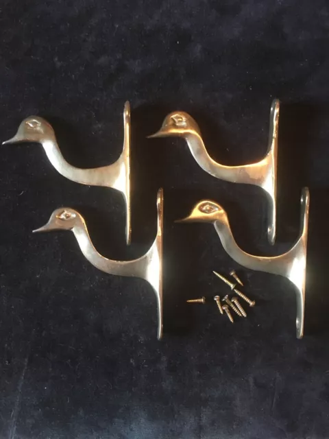 Set of 4 Vintage Solid Forged ￼Brass Duck Head Hat Coat Hanger Curtain Rod Hook