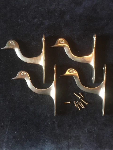 Set of 4 Vintage Solid Forged ￼Brass Duck Head Hat Coat Hanger Curtain Rod Hook