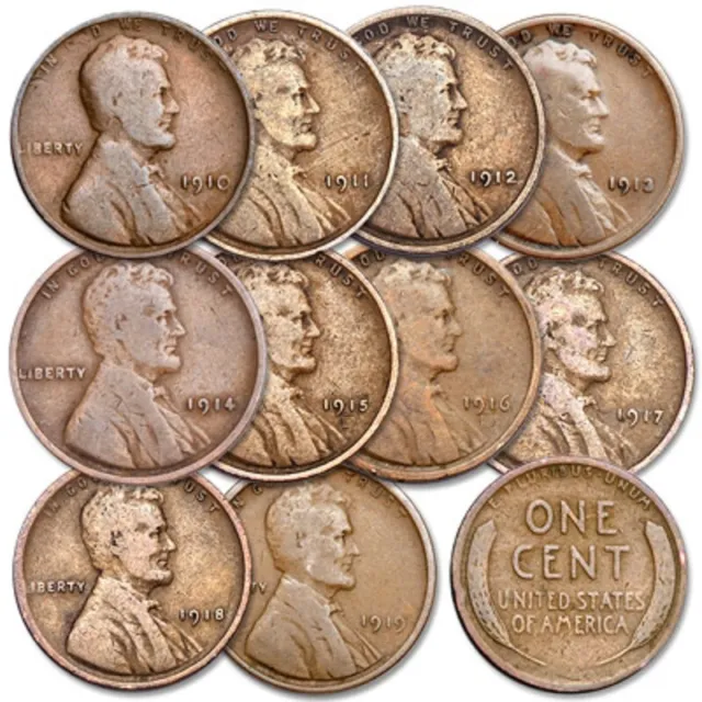 Lot Set Run of 10 Wheat Cents 1910-1919 All Teens Nice Collectors US Coins