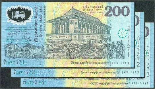 Banknotes Sri Lanka 200 Rupee 50 years Independence commemorative 3 notes in seq