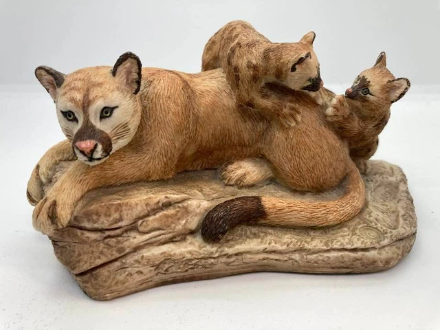 Signed Earl Sherwan Charmstone Figurine - Cougar & Cubs - Cold Cast Marble 1986