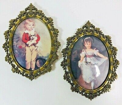 2 VTG Boy & Girl Oval Pictures Brass Frame Bubble Convex Glass Italy 6 1/2"