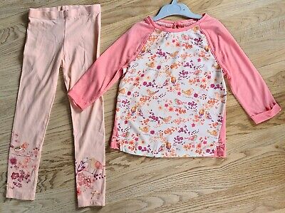 Girls age 5-6 leggings and matching top outfit. Peach with bird design. VGC