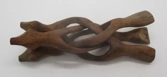 Folk Art Hand Carved Stand Wood Interlocking Bowl Plant Holder Tripod