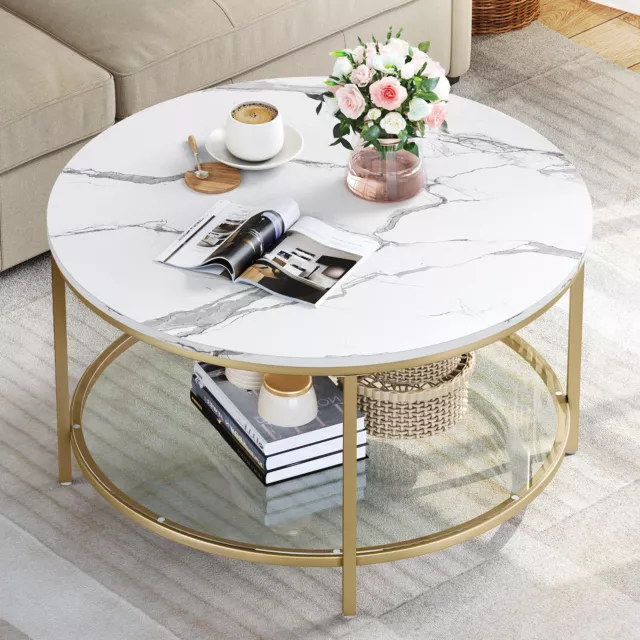 Round Coffee Table Faux Marble Top with Glass Shelf Modern Center Cocktail Table