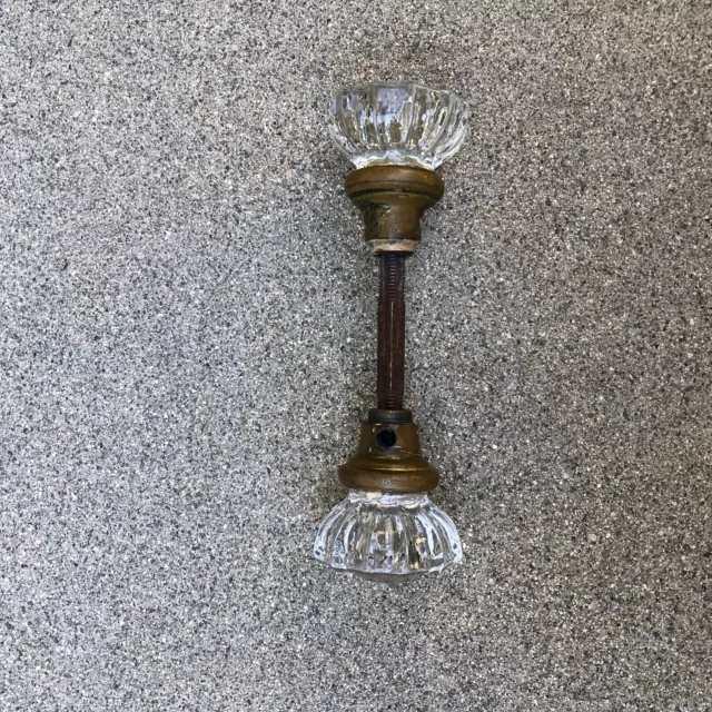 Vintage Antique Crystal 12 Point Door Knob Set Brass Clear Glass 2" Diameter