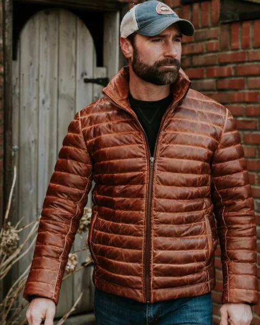 Men's Brown Leather Jacket Puffer Fully Quilted Real Lambskin Jacket