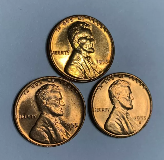 (BU Red Gem) 1955 P D S Lincoln Wheat Cent  3 Penny Set SUPERB Looking Coins