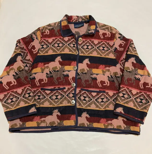 Jane Ashley Tapestry Wild Horses Run Mountains Equestrian Jacket Womens Plus 3XL