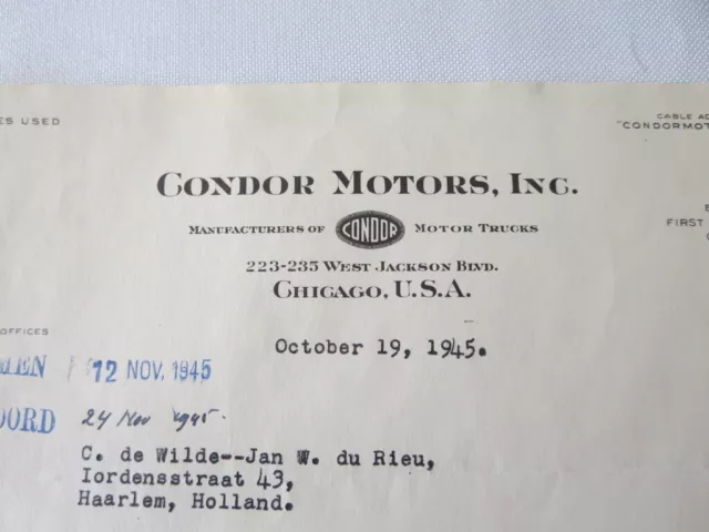 1945 Condor Motors Inc Letter Letterhead Document - Condor Truck