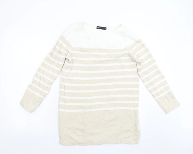 M&S Womens Beige Round Neck Striped Cotton Pullover Jumper Size 10