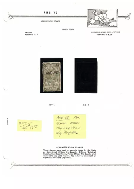 AMG VG Italy Trieste 1947 5L Administrative  Revenue Single on Bush Album Page