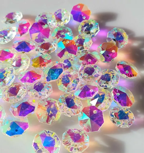 70 x AB clear 14mm Octagon crystal suncatcher beads 2holes chandelier supplies