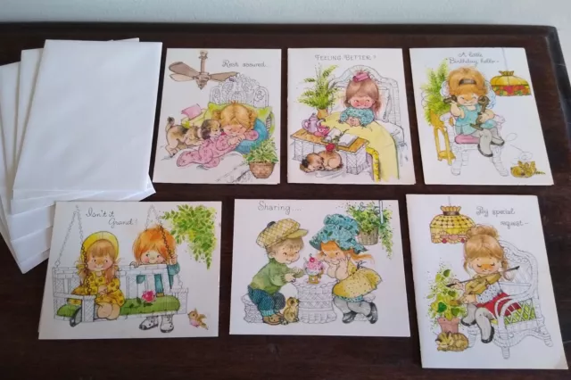 Set of 6 Vintage Greeting Cards, Assorted, Boys & Girls Bonnet 1970s 1980s Kids