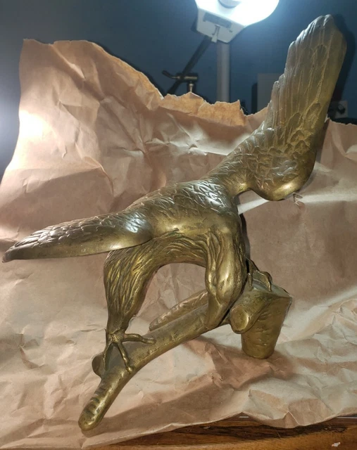 Large Cast Brass Bald Eagle on a Branch Sculpture Vintage Bird Statue