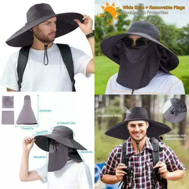 Super Wide Brim Fishing Hat UPF 50+ Sun Safari Hat with Removable Neck Face Flap