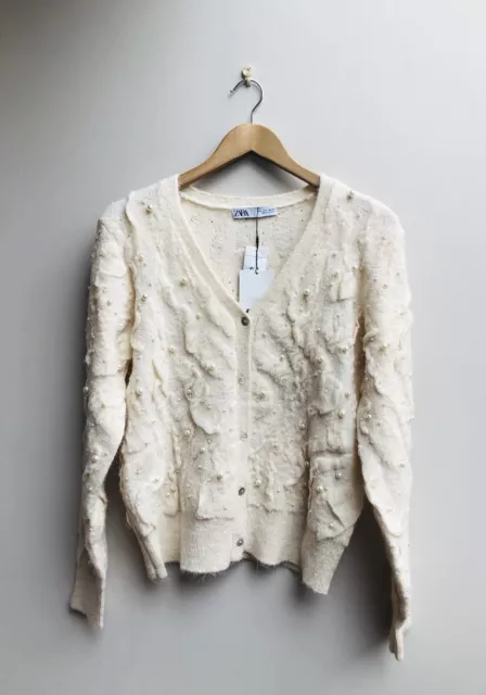 BNWT Zara Pearl Beaded Alpaca Wool Mix Knit Cardigan L 12 14 Blogger Nineties