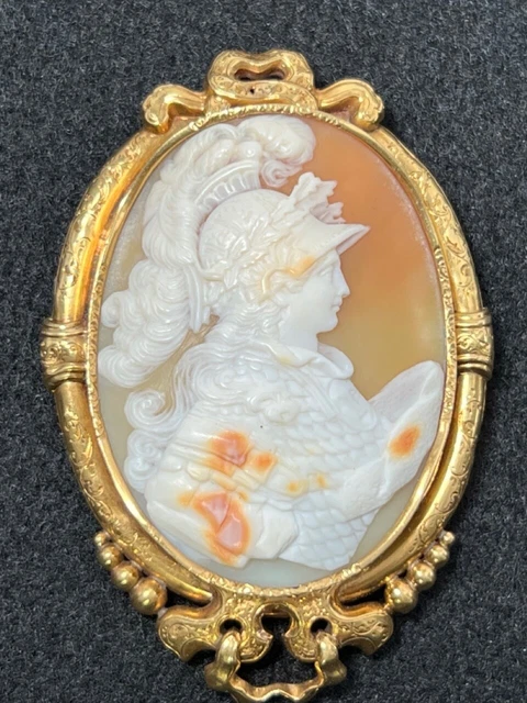 CAMEO ANTIQUE SHELL Goddess Athena Brooch Gold Hand Carved Fancy 