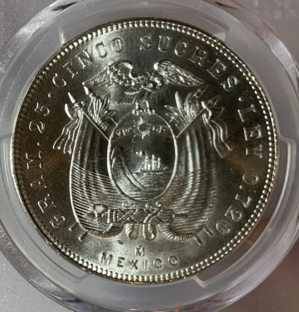 1944 Mo Ecuador 5 Sucres Silver Coin Pcgs Ms65