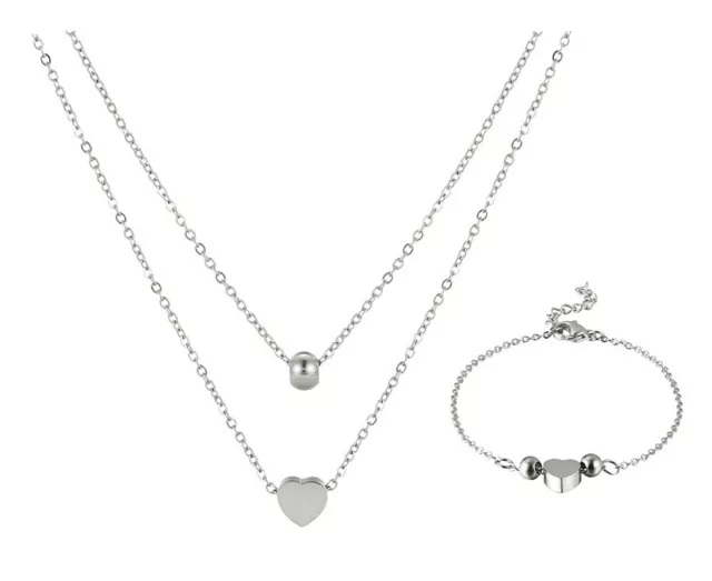 Stainless Steel Chain Set of Layered Necklace and Bracelet with Heart Charms