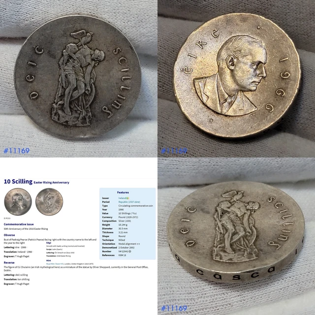 1966 Ireland Silver 10 Shillings  Easter Rising Padraig Pearse REPUBLIC UPRISING