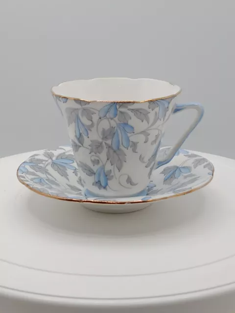 Royal Grafton Bone China Tea Cup & Saucer “Ashley” Blue & Gray Floral Gold Rim