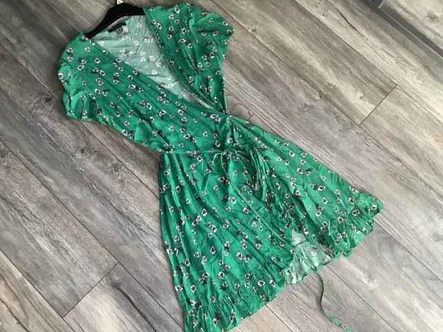 PRIMARK- Jade Green/ White Floral Wrapover Ladies Frill Mini Dress Size  16