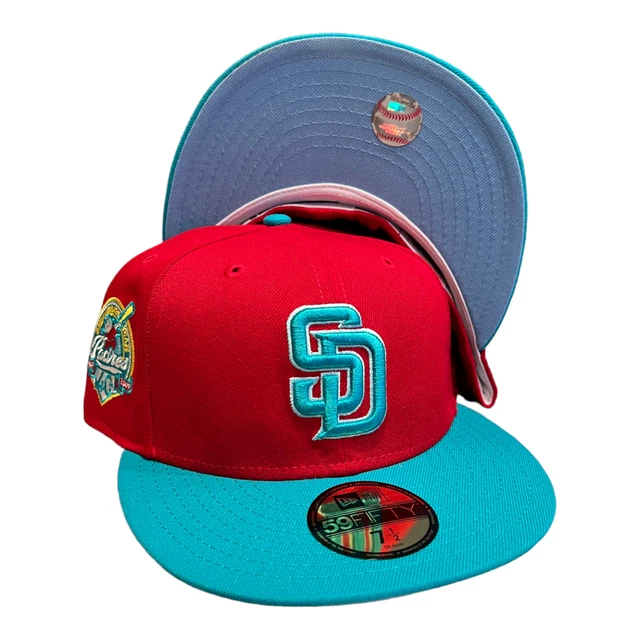 New Era San Diego Padres Captain Planet 2.0 50th Anniversary Patch Hat Club Exclusive 59FIFTY Fitted Hat Red/Teal