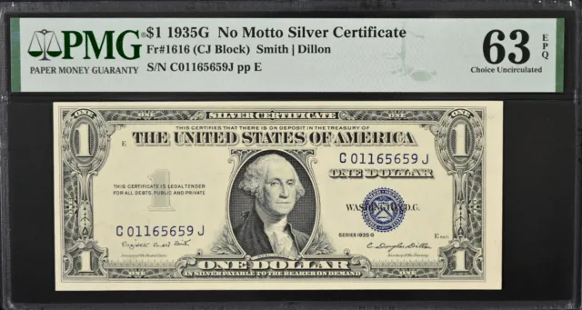 1935-G $1 Silver Certificate Fr# 1616 "Cj" Block Sn#C01165659J Pmg 63 Epq