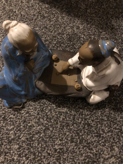 Vintage Glazed Clay Chinese Mudman Men Playing Board Game Figurine