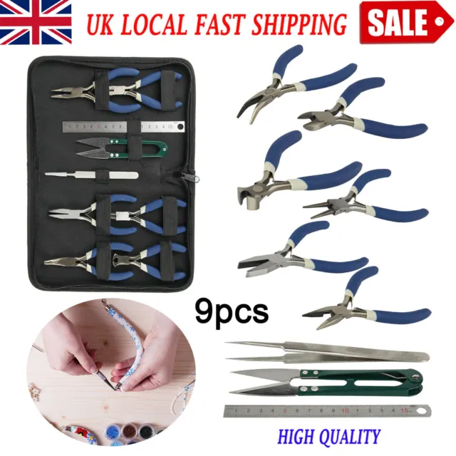 9pcs Jewellery Making Findings Beads Pliers Craft Tool Set Wire Cutters Kit Tool