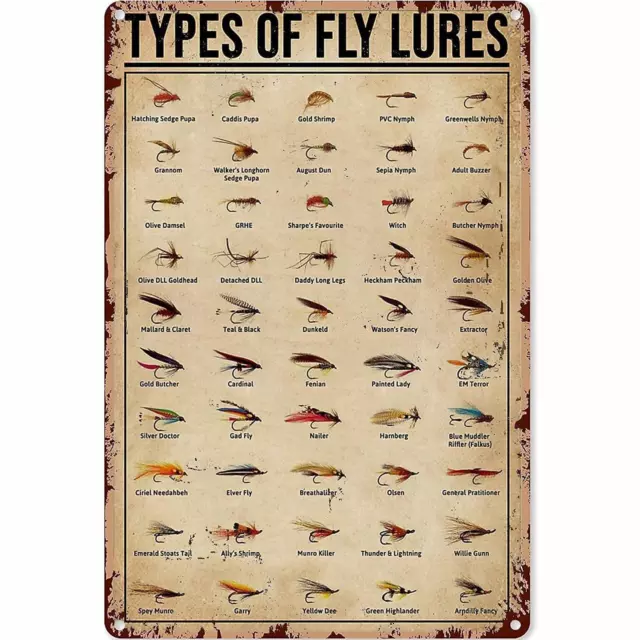 Fishing Vintage Metal Tin Sign Types Fly Lures Retro Tin Sign Wall Decoration