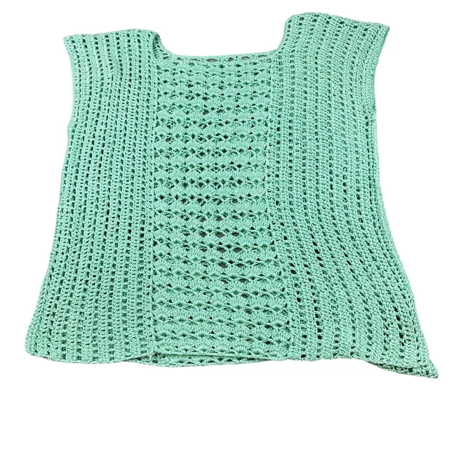 Handmade Size Large Womens Boxy Teal Blue Crochet Short Sleeve Top