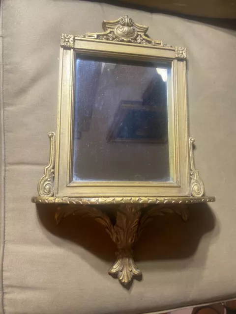 Vintage Gold Tone Framed Wall Mirror With Shelf - 12.5" W x 19.5" L x 4.25" D