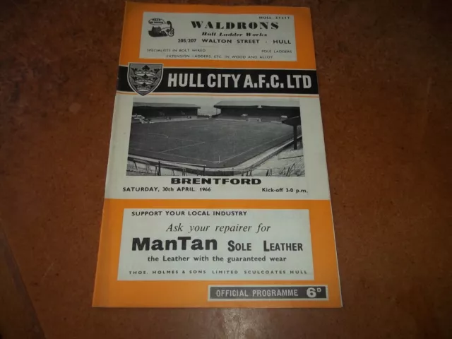 Hull City v Brentford Programme 30 April 1966 VGC Boothferry Park FREE POST