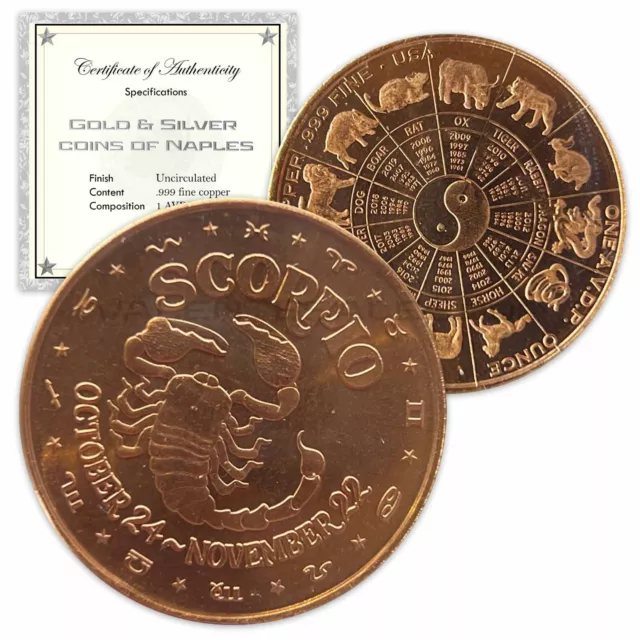 1 oz Copper Round - Scorpio in a capsule & gift bag