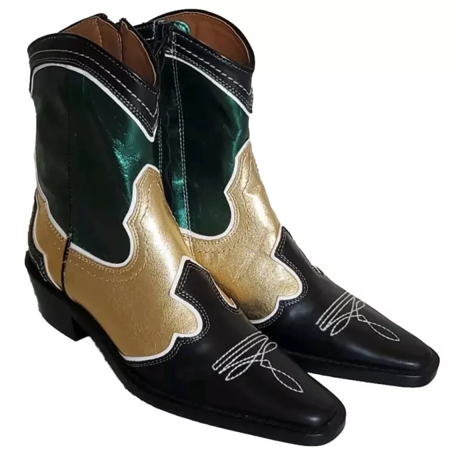 ZARA WESTERN COWBOY Boots Uk 3 Eu 36 Gold Metallic Green Black Leather Rrp 119 48.98 PicClick UK