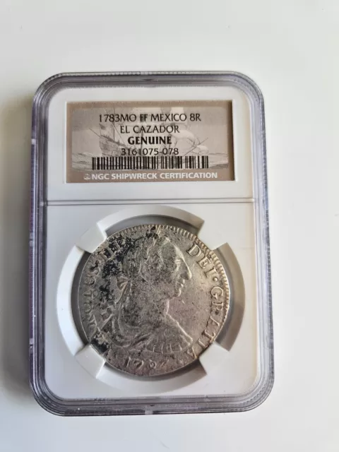 1783 MO FF Mexico 8 Reales 8R Silver Coin El CAZADOR NGC Genuine Shipwreck Cert#