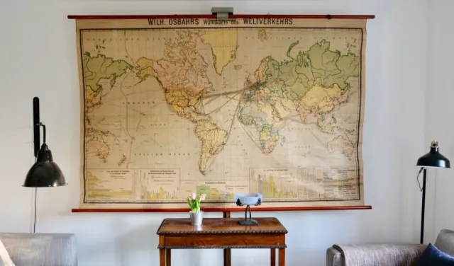 Vintage | Schulwandkarte Weltkarte Handel World Map 1908 | School Wall Chart