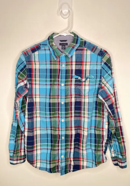 Tommy Hilfiger Plaid Button Up Shirt Boys Large 16/18 Long Sleeve Blue Collar