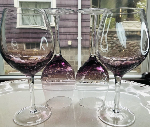 4 Pier 1 Purple Crackle Balloon White Wine Glass 18 & 12 OZ Hand Blown