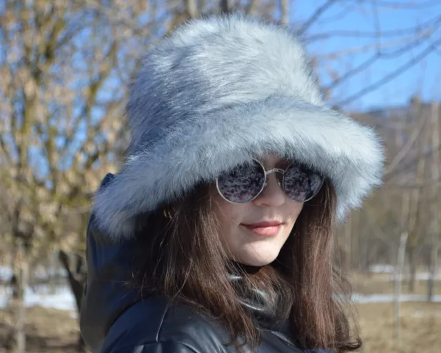 Arctic fox bucket hat made of faux fur. Gray white fluffy hat. Cute winter hat.