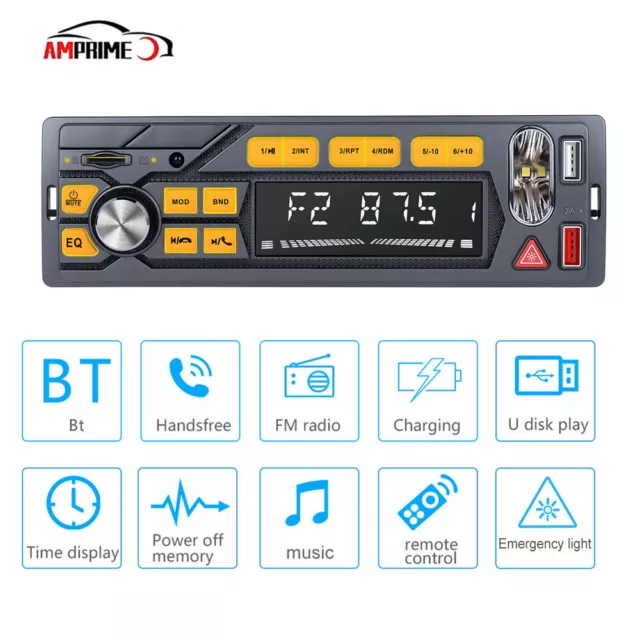 1DIN In-Dash Bluetooth Autoradio Stereo MP3 Player USB/SD/AUX 12V mit Notlicht