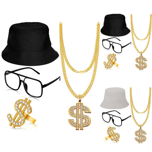 Hip Hop Costume Rapper Necklace Supplies Accessories 80S 90S Hat Ring Cosplay