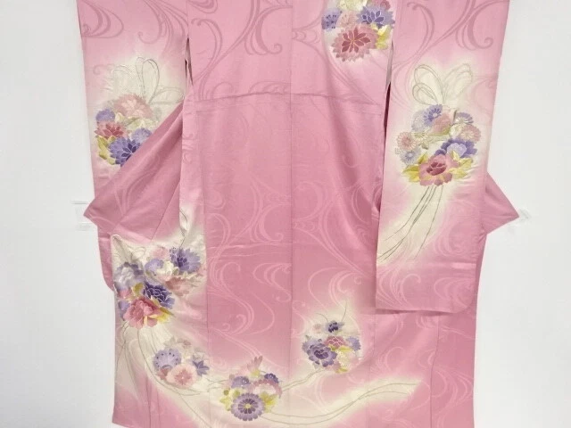 98006# Japanese Kimono / Antique Furisode / Embroidery / Flower & Kumihimo C
