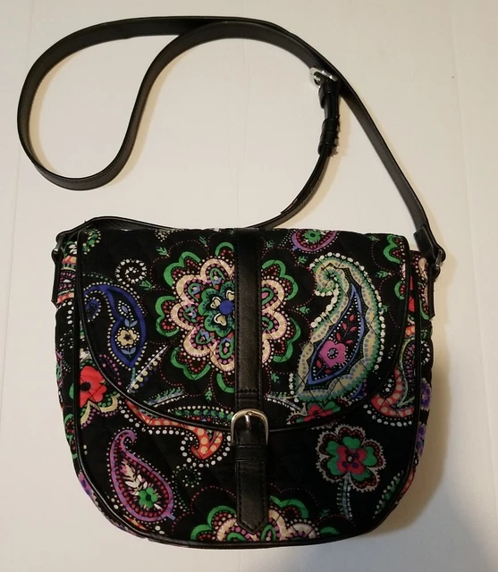 Vera Bradley Crossbody Paisley Black Zip Shoulder Bag VGC Multiple Compartments