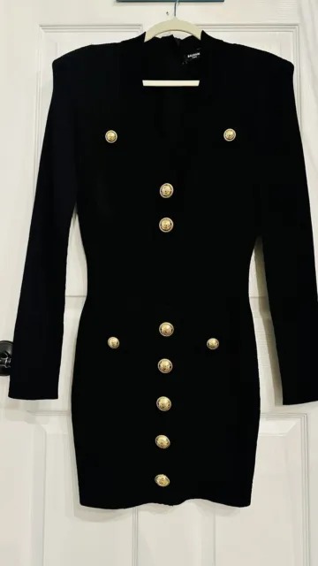 Balmain Ribbed-Knit Mini Dress with Gold-tone Buttons in Black - Women's Size 40