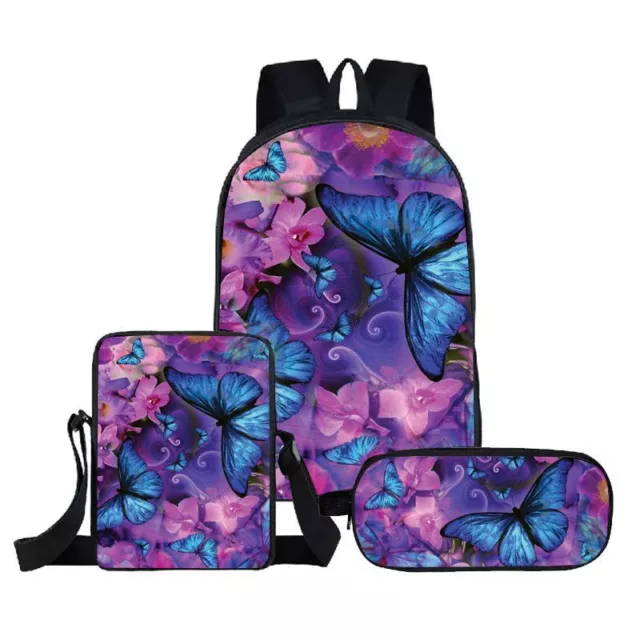 PURPLE BUTTERFLY GIRLS Backpack Kids School Bag Set Lunch Sling Bag Pen ...