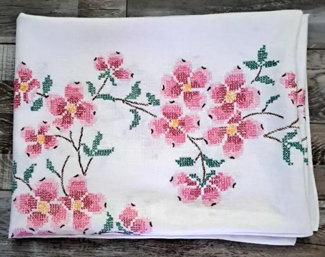 Vintage Hand Stitched Embroidered Tablecloth White Pink Flowers Cottage 59x76