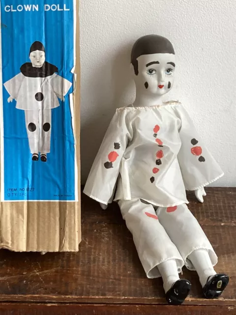 Vintage Retro 1980s Pierrot clown Porcelain China Bisque doll + Box